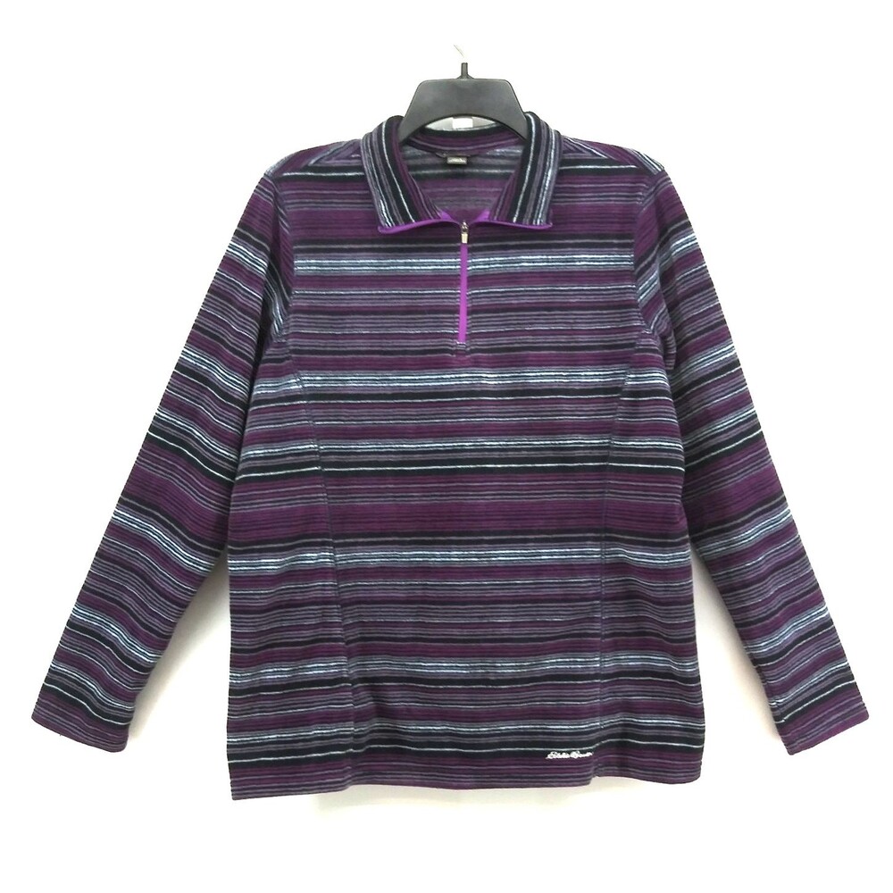 Eddie Bauer Fleece Jacket Women Size L Purple Striped 1/4 Zip Pullover Warm